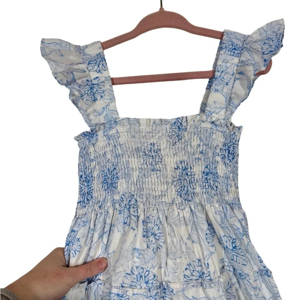 J. Marie Palmer Floral Blue and White Smocked Tiered Flutter Dress PLEASE READ